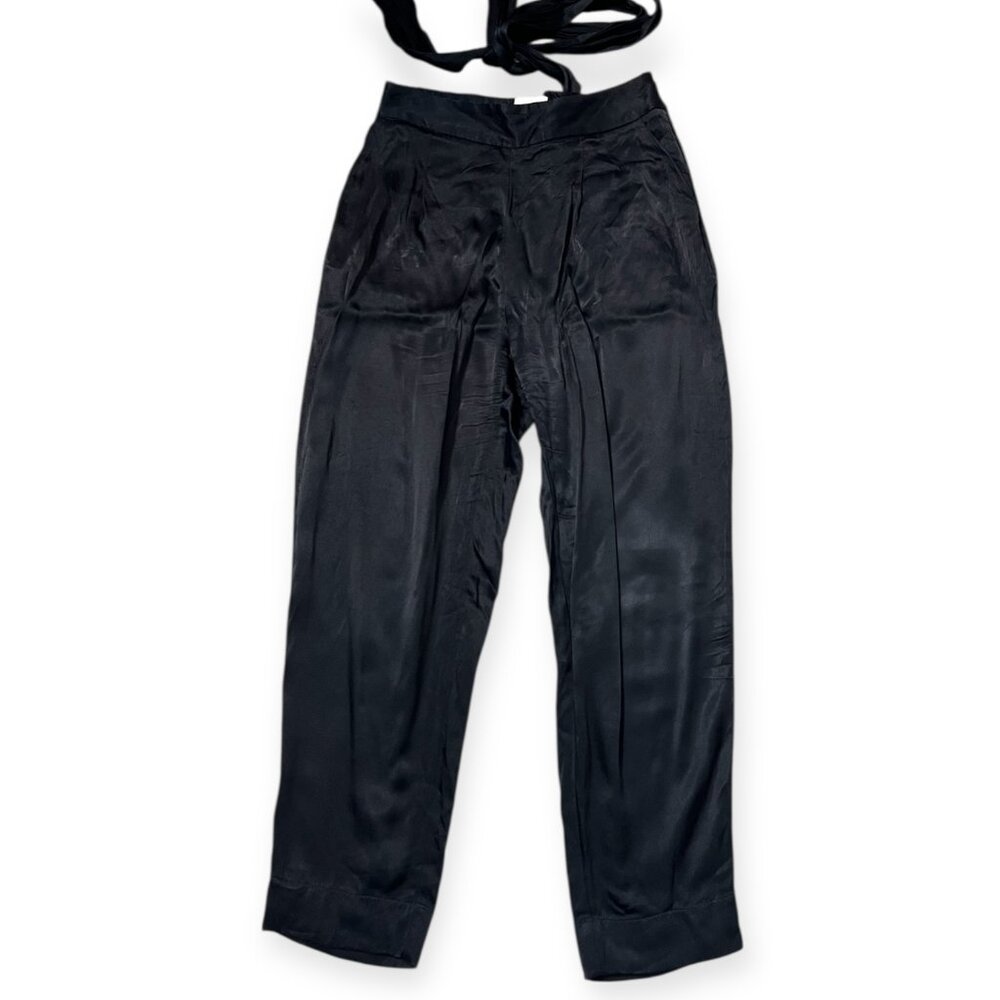Ett:twa by Anthropologie Black Satin Belted High Waist Tapered Pants Size 4 US